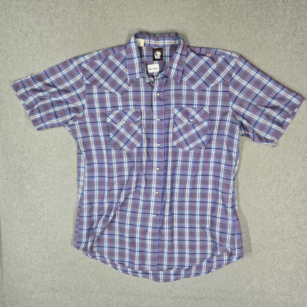 VINTAGE Karman Men Button Up Shirt 17 1/2 Blue Plaid Western Pearl Snap